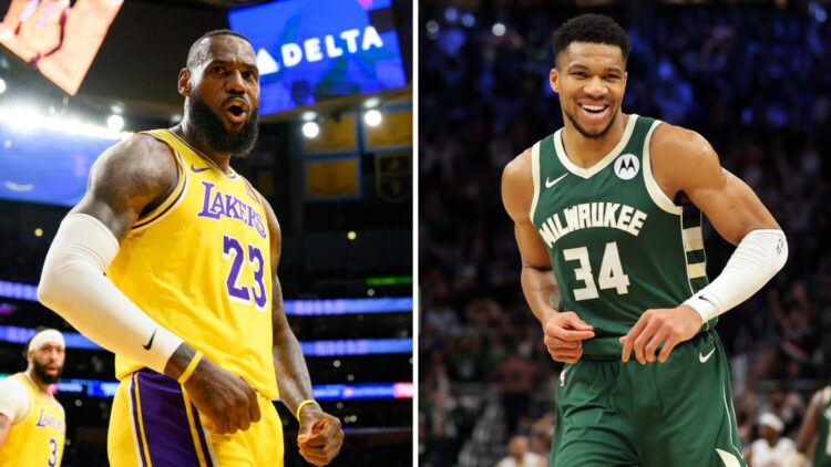 LeBron James (left) of the Los Angeles Lakers celebrates, and Giannis Antetokounmpo (right) of the Milwaukee Bucks smiles