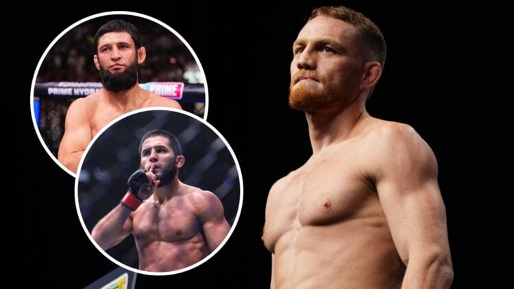 Khamzat Chimaev (top left) poses before Robert Whittaker fight, Islam Makhachev (bottom left) shushes crowd, Jack Della Maddalena (right) weighs in