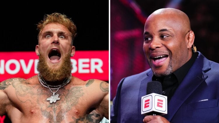 Jake Paul (left) poses at Mike Tyson weigh-in, Daniel Cormier (right) speaks at UFC 300 event