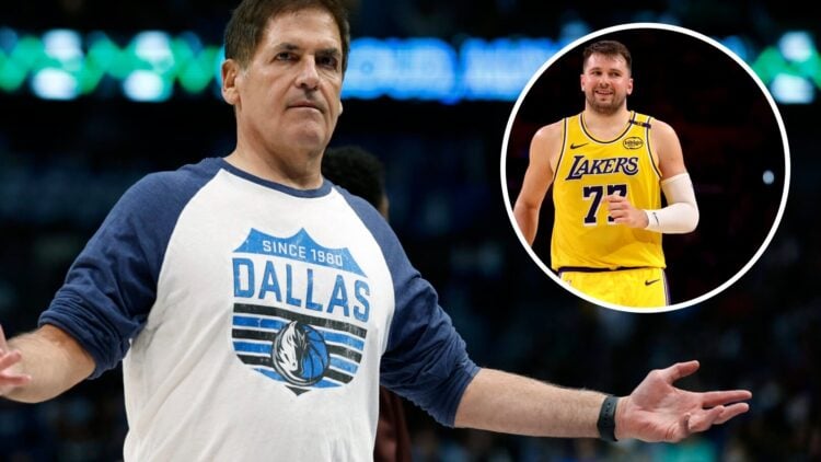 Luka Doncic #77 of the Los Angeles Lakers (right) and Mark Cuban, owner of the Dallas Mavericks (left)