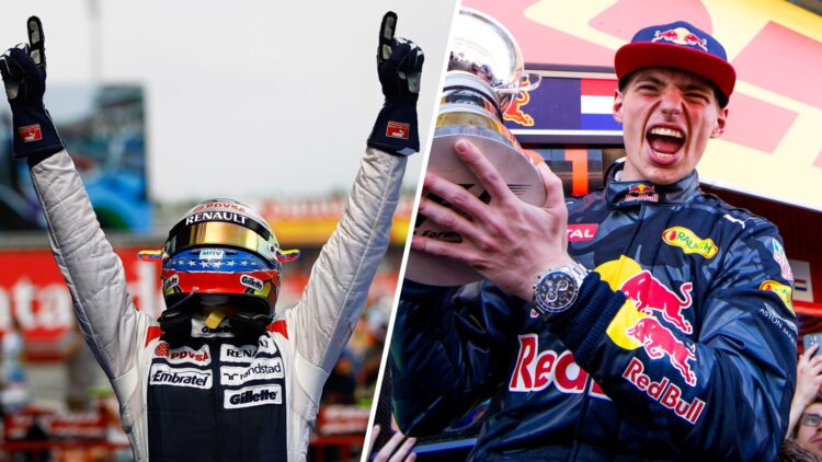 Left: Pastor Maldonado celebrates winning the 2012 Spanish Grand Prix. Right: Max Verstappen celebrates winning the 2016 Spanish Grand Prix.