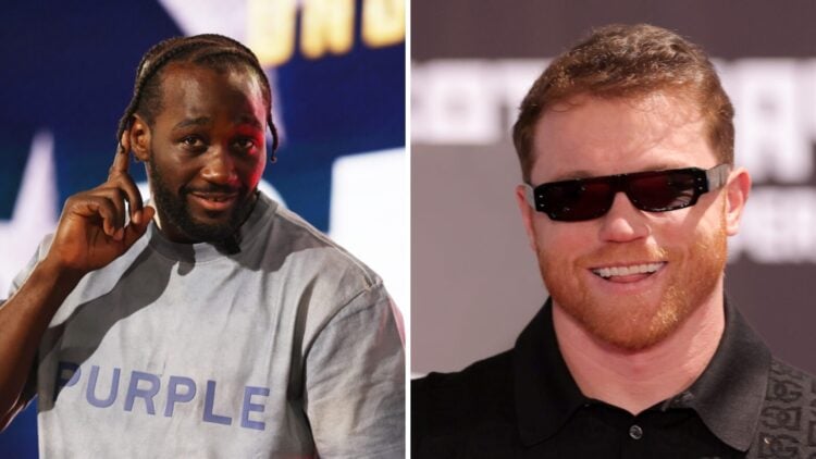 Terence Crawford (left) poses at Canelo Alvarez press conference, Canelo Alvarez (right) smiles at press conference
