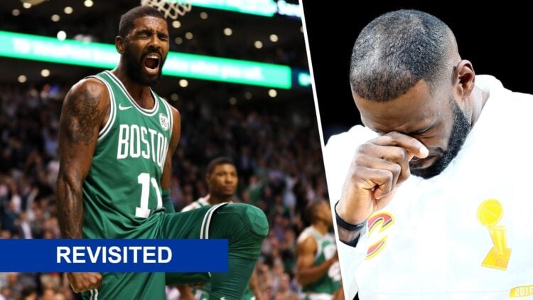 Kyrie Irving of the Boston Celtics (left) celebrates and LeBron James of the Cleveland Cavaliers (right) with his head in his hand.