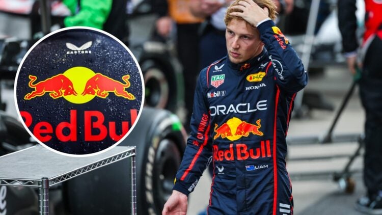 Liam Lawson (right) in parc ferme, and the Red Bull racing logo (right)