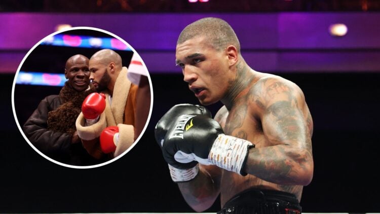 Conor Benn (right) in the ring for Peter Dobson fight, Chris Eubank Jr and Sr (left) in the ring for Conor Benn fight