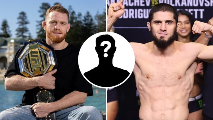 Jack Della Maddalena (left) poses with UFC title at photo shoot, Islam Makhachev (right) poses at weigh-in