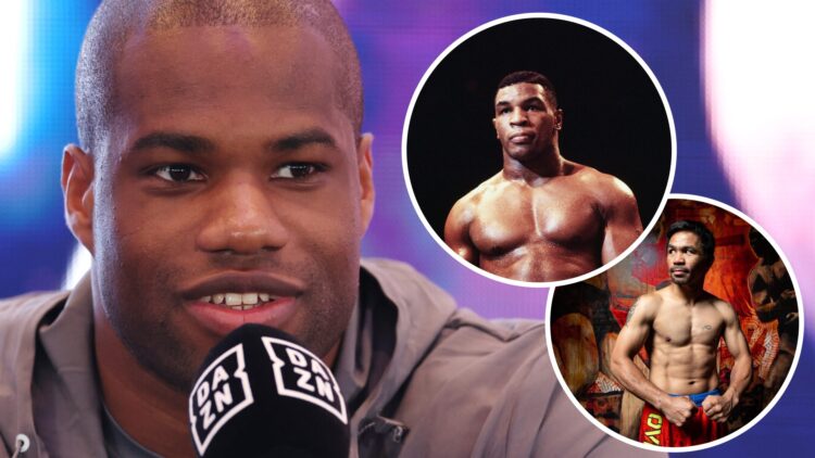 Daniel Dubois looks on (left) with Manny Pacquiao and Mike Tyson overlays (right)