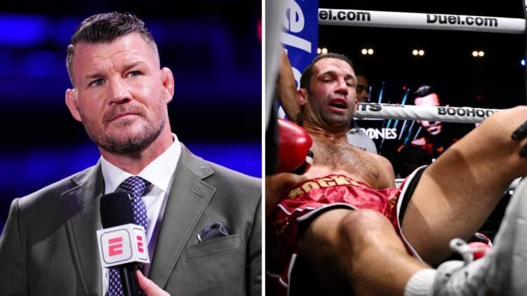 Michael Bisping (left) speaks on UFC broadcast, Luke Rockhold (right) lays on the floor after Darren Till knockout