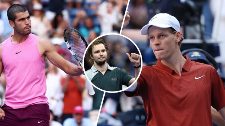 Carlos Alcaraz and Jannik Sinner at the 2025 US Open with an inset of Alexander Bublik
