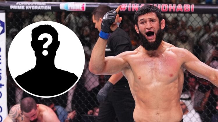 Khamzat Chimaev (right) reacts after a submission victory against Robert Whittaker