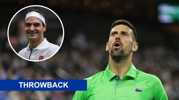 Novak Djokovic at Indiana Wells with an inset of Roger Federer at Wimbledon