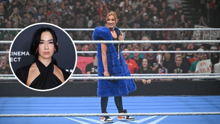 Becky Lynch on WWE SmackDown with an inset of AJ Lee