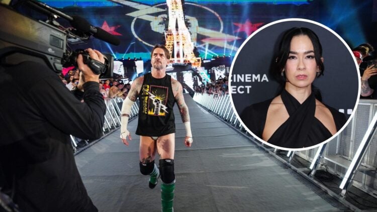 CM Punk making his entrance at WWE Clash in Paris with an inset of AJ Lee