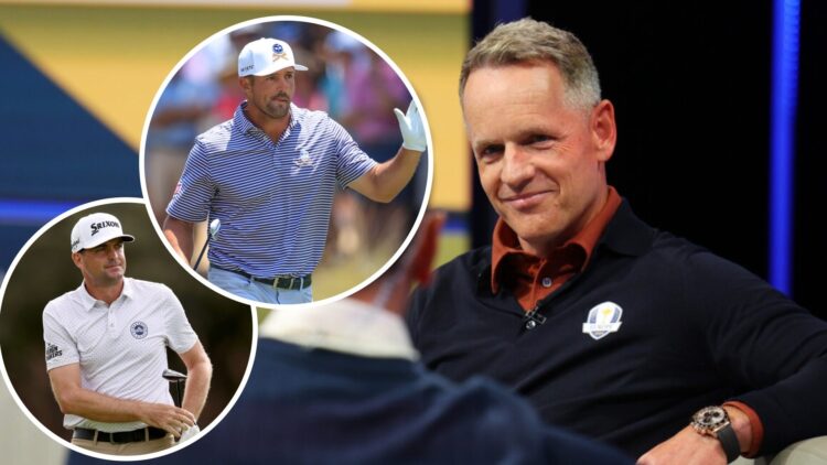 Luke Donald speaks to Nick Dougherty on Sky Sports (right), Bryson DeChambeau acknowledges the crowd (left top), and Keegan Bradley follows a shot ...