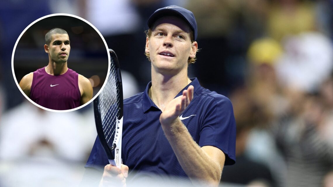 Jannik Sinner in his fourth match match at the US Open with an inset of Carlos Alcaraz