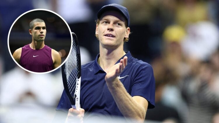 Jannik Sinner in his fourth match match at the US Open with an inset of Carlos Alcaraz