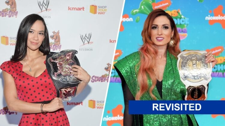 Becky Lynch and AJ Lee on WWE press duties in 2014 and 2023, respectively