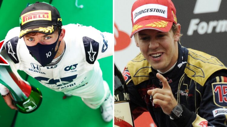 Pierre Gasly of AlphaTauri (left) and Sebastian Vettel of Torro Rosso (right) celebrate their wins at the Italian Grand Prix