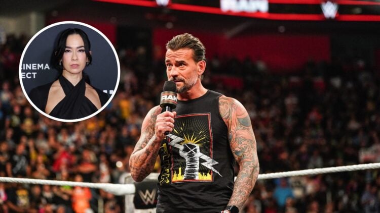 CM Punk cutting a promo on WWE Raw with an inset of AJ Lee