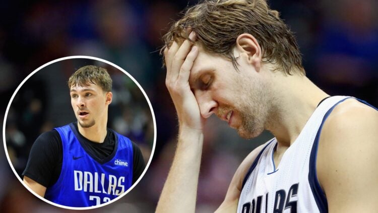Dirk Nowitzki (right) of the Dallas Mavericks with his hand on his head, and Cooper Flagg (left) of the Dallas Mavericks walks on court.