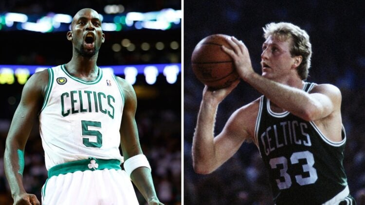 Kevin Garnett (left) celebrates for the Boston Celtics, and Larry Bird (right) shoots a free throw for the Boston Celtics