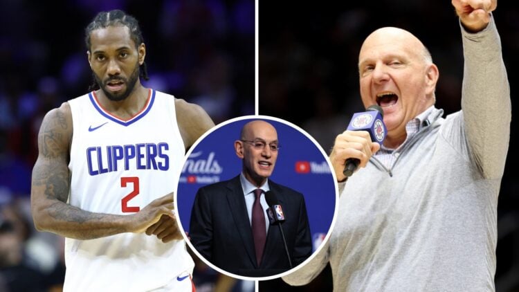 Kawhi Leonard of the LA Clippers looks on in a game (left), Steve Ballmer owner of the LA Clippers holding a microphone (right) and NBA commissione...