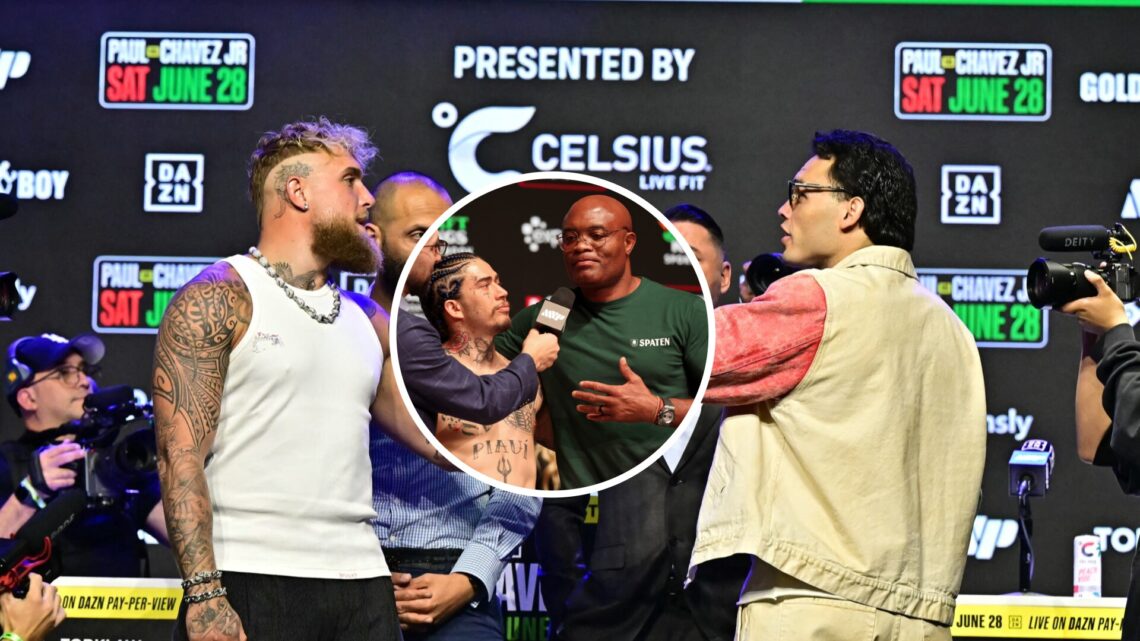 Jake Paul and Julio Cesar Chavez Jr face off at the pre-fight press conference ahead of their fight on June 28, an inset of Anderson Silva attendin...