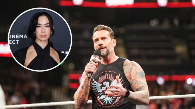 CM Punk cutting a promo on WWE Raw with an inset of AJ Lee