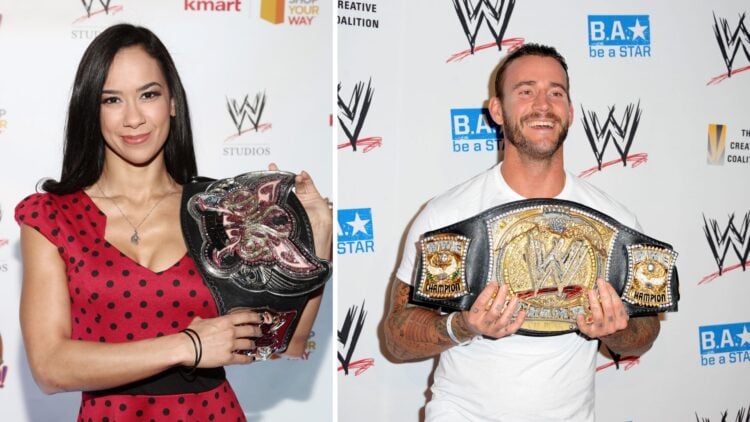 CM Punk and AJ Lee holding their respective WWE titles in 2012