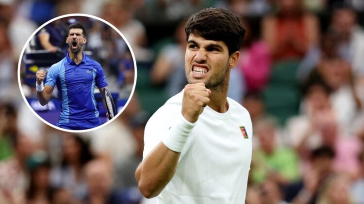 Carlos Alcaraz celebrating a point at Wimbledon 2025 with an inset of Novak Djokovic