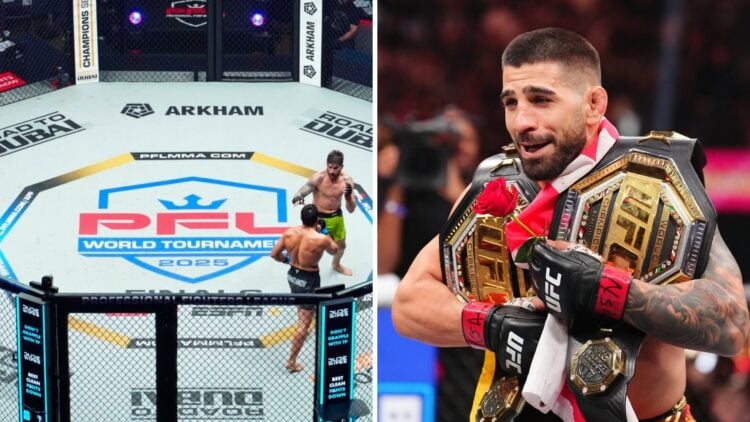 PFL cage shot (left), Ilia Topuria (right) celebrates with two UFC belts