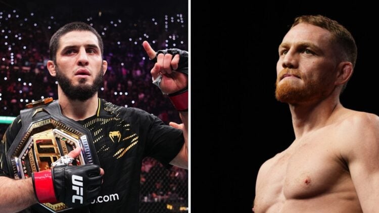 Islam Makhachev (left) poses after Renato Moicano win, Jack Della Maddalena (right) poses during UFC weigh in