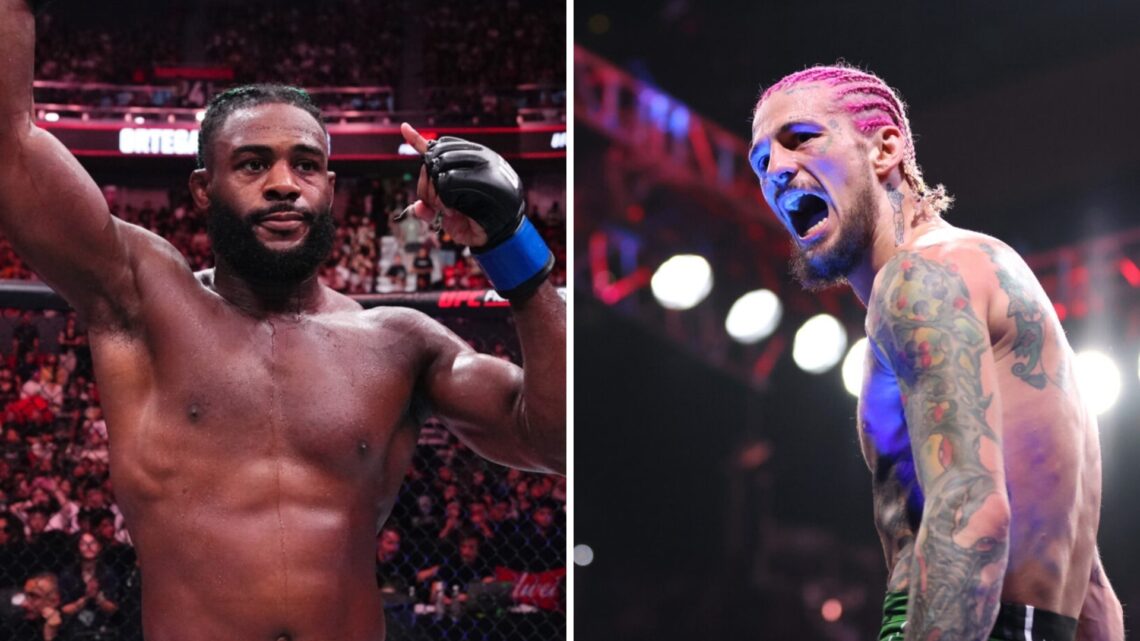 Aljamain Sterling (left) has his hand raised after Brian Ortega fight, Sean O'Malley (right) sits on top of the cage after Aljamain Sterling win