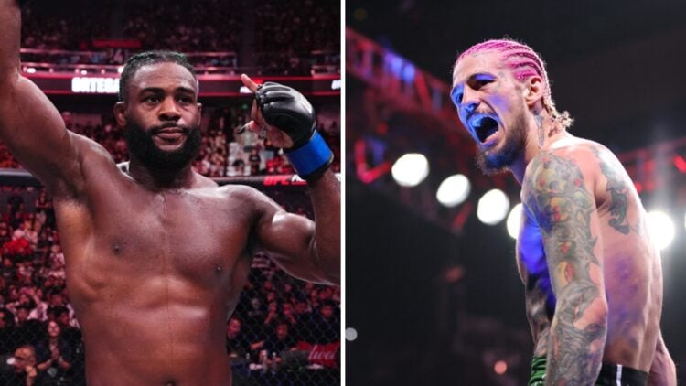 Aljamain Sterling (left) has his hand raised after Brian Ortega fight, Sean O'Malley (right) sits on top of the cage after Aljamain Sterling win