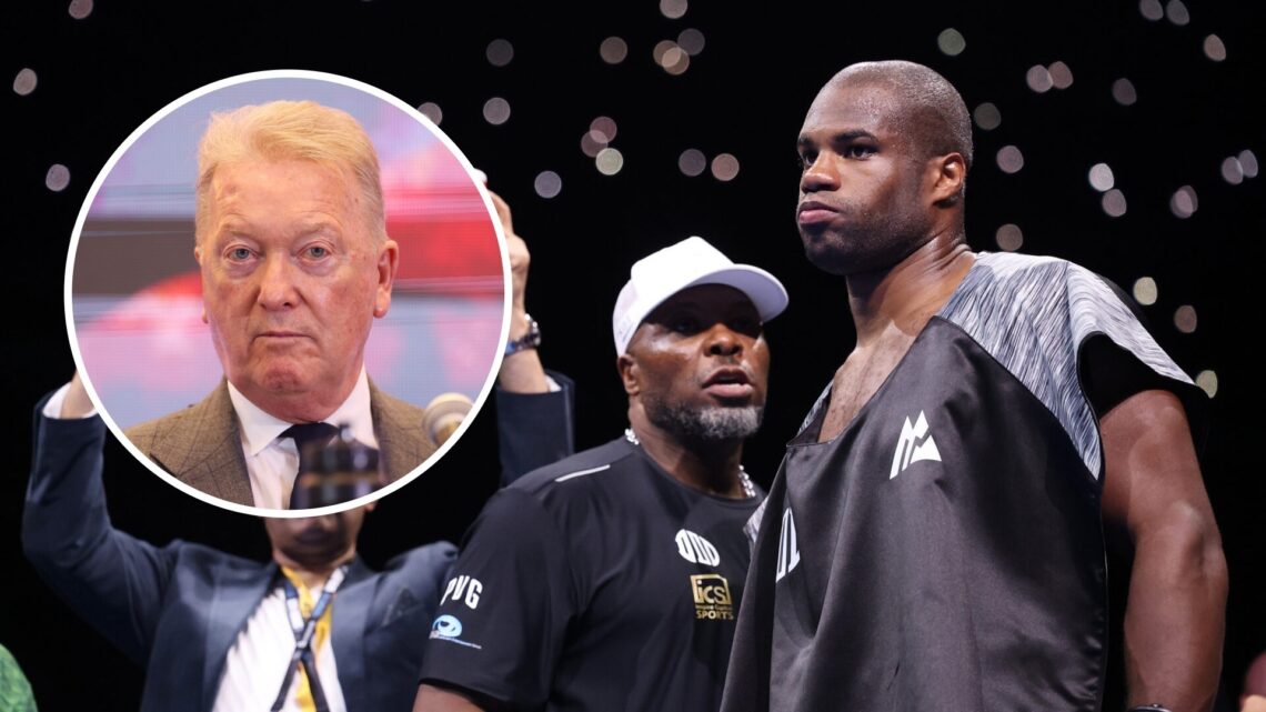 Frank Warren (left) looks on at Oleksandr Usyk vs Daniel Dubois rematch press conference, Don Charles (right) speaks to Daniel Dubois ahead of Olek...