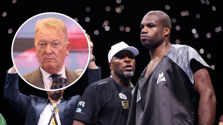 Frank Warren (left) looks on at Oleksandr Usyk vs Daniel Dubois rematch press conference, Don Charles (right) speaks to Daniel Dubois ahead of Olek...