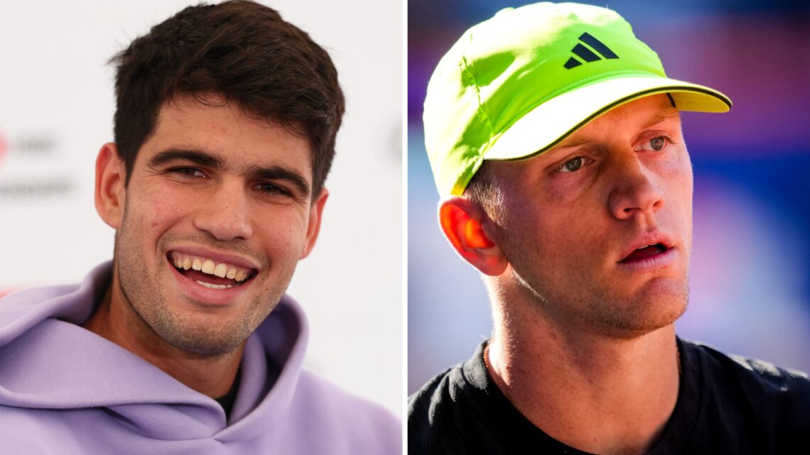 Carlos Alcaraz (left) looks down at the camera, Alejandro Davidovich Fokina (right) looks on