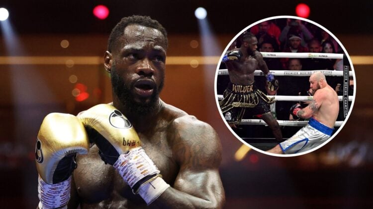 Deontay Wilder (left) in the ring for Zhilei Zhang fight, Deontay Wilder (right) knocks down Robert Helenius