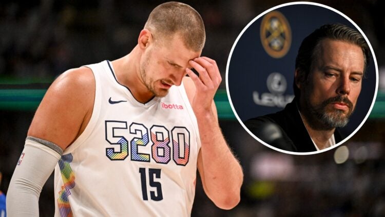 Nikola Jokic of the Denver Nuggets reacts to fouling Shai Gilgeous-Alexander of the Oklahoma City Thunder. Inset: Denver Nuggets president Josh Kro...