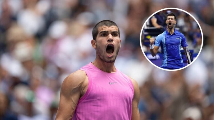 Carlos Alcaraz at the 2025 US Open with an inset of Novak Djokovic