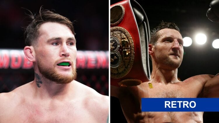 Darren Till (left) in the cage for Dricus Du Plessis fight, Carl Froch (right) lifts up titles after beating George Groves