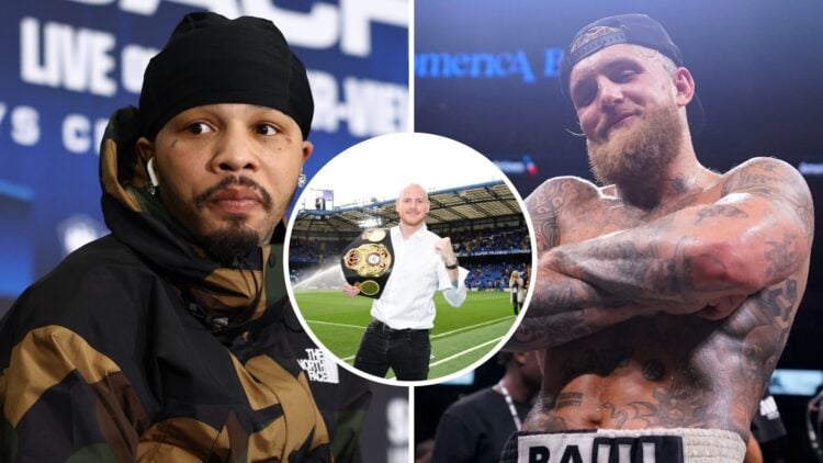 Gervonta Davis (left) looks on at Lamont Roach press conference, Jake Paul (right) poses for photo after Nate Diaz win, George Groves (middle) pose...