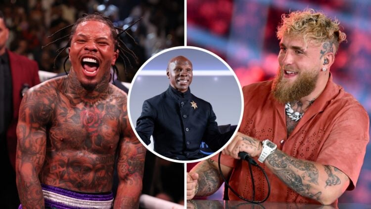 Gervonta Davis (left) celebrates after Ryan Garcia win, Chris Eubank Snr (middle) poses at event, Jake Paul (right) speaks on Netflix broadcast