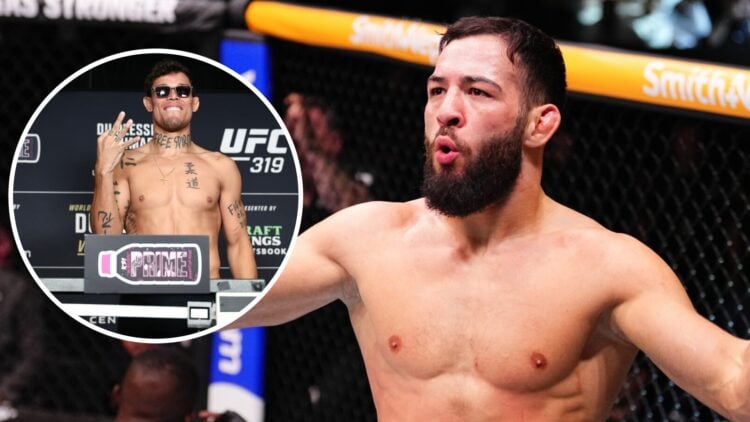 Caio Borralho (left) poses on the scales at UFC 319, Nassourdine Imavov (left) celebrates after Israel Adesanya win