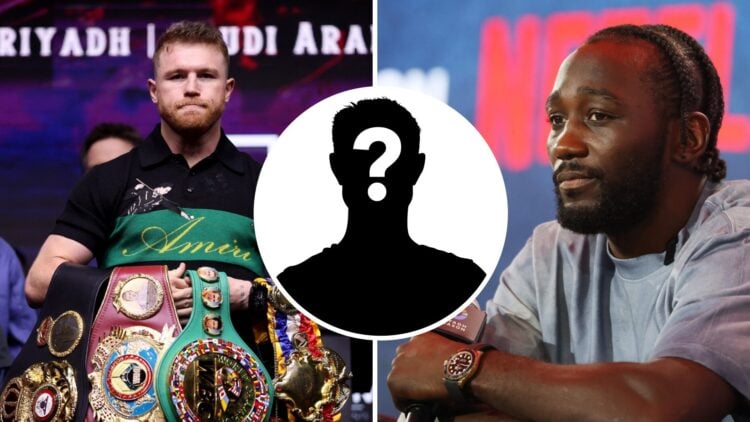 Canelo Alvarez (left) poses with title belts before William Scull fight, Terence Crawford (right) looks on at Canelo Alvarez press conference