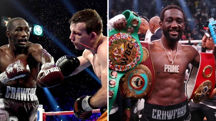 Terence Crawford (left) hits Jeff Horn, Terence Crawford (right) celebrates with world title belts