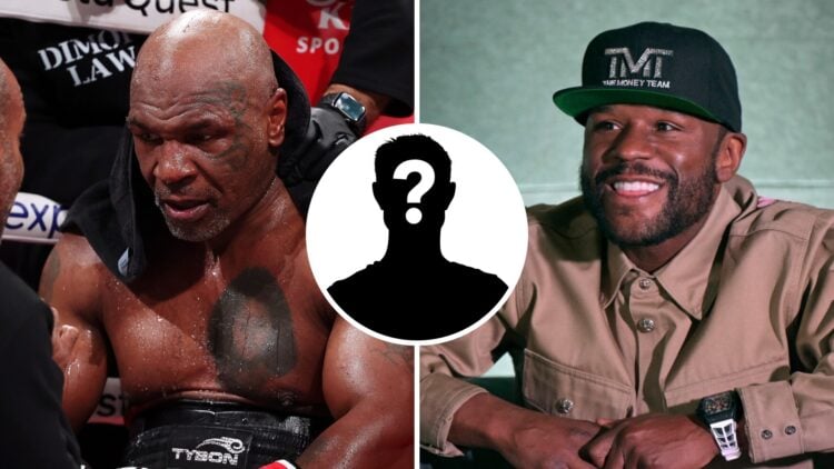 Mike Tyson (left) sat tired in his corner against Jake Paul, Floyd Mayweather (right) smiles in photo op