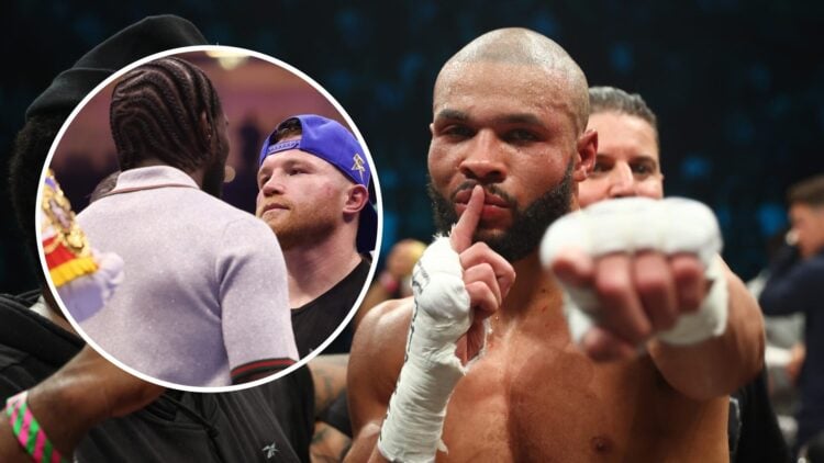 Canelo Alvarez and Terence Crawford (left) face-off in the ring, Chris Eubank Jr (right) poses with his finger on his lip after Liam Smith win