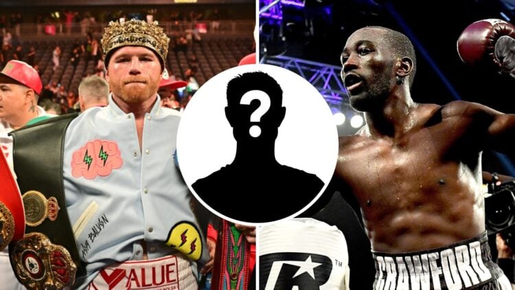 Canelo Alvarez (right) celebrates with title belts, Terence Crawford (left) celebrates victory