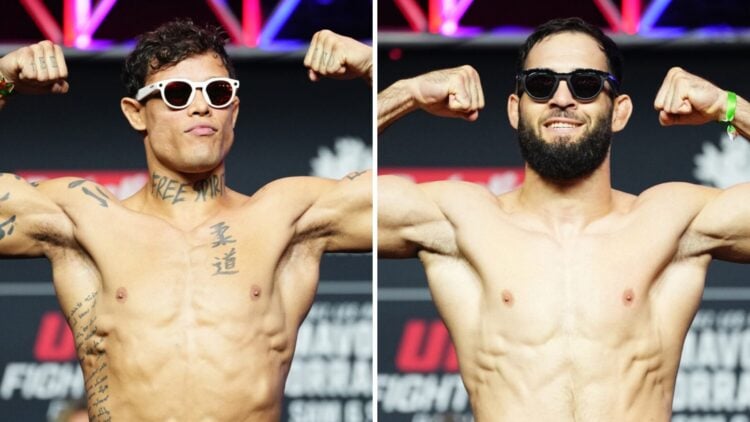 Caio Borralho (left) weighs-in for Nassourdine Imavov fight, Nassourdine Imavov (right) weighs-in for Caio Borralho fight